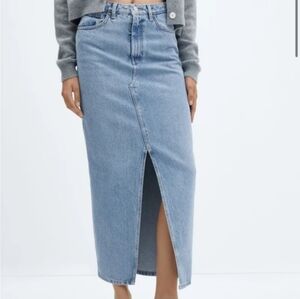 Mango Light Wash Denim Midi Skirt with Front Slit